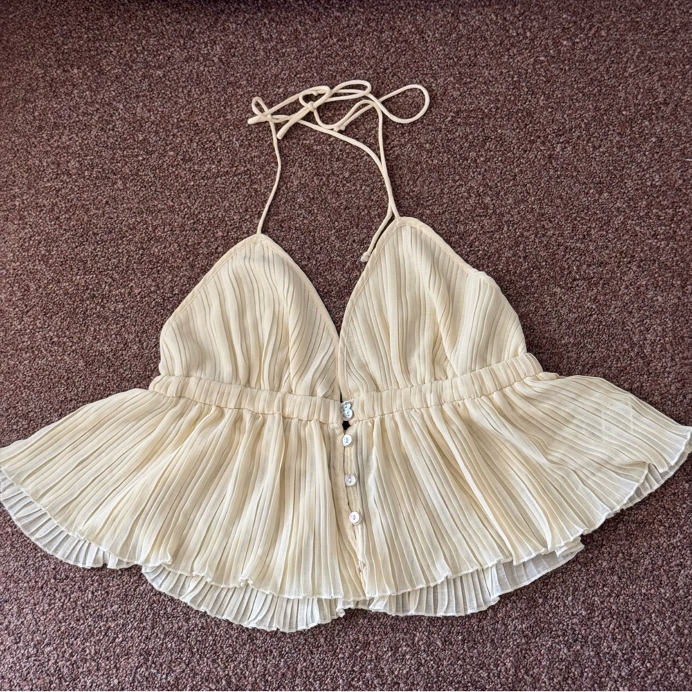 Forever 21 Cream Pleated Halter Ruffle Crop Top